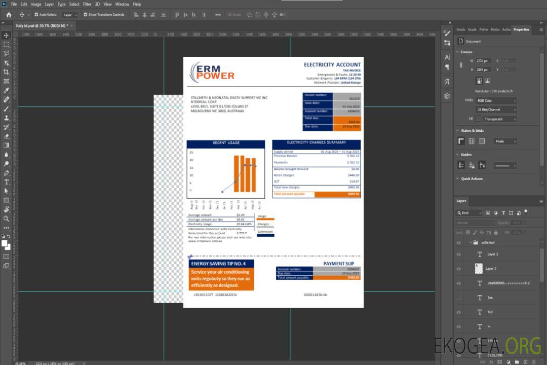 Preuve d'adresse d'électricité ERM Power, facture d'entreprise de service public, SCR template